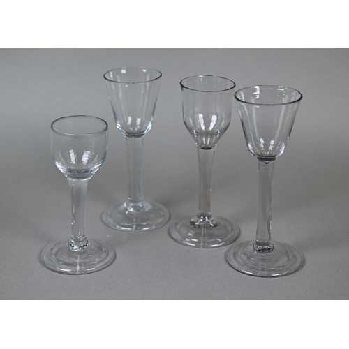 536 - Four cordial glasses - one with ogee bowl, two with round funnel bowls and another with cup bowl - e... 