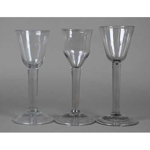 536 - Four cordial glasses - one with ogee bowl, two with round funnel bowls and another with cup bowl - e... 