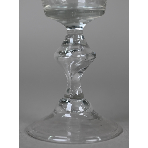 537 - A cordial glass with ogee bowl on double-knop baluster stem with conical folded foot, 13.4 cm to/w t... 