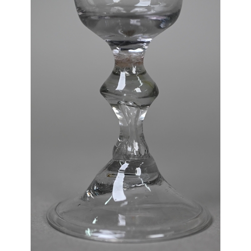 537 - A cordial glass with ogee bowl on double-knop baluster stem with conical folded foot, 13.4 cm to/w t... 