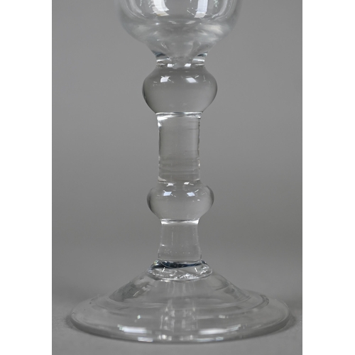 537 - A cordial glass with ogee bowl on double-knop baluster stem with conical folded foot, 13.4 cm to/w t... 