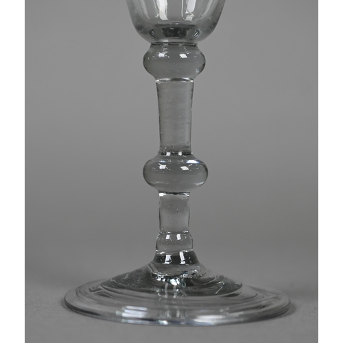 537 - A cordial glass with ogee bowl on double-knop baluster stem with conical folded foot, 13.4 cm to/w t... 