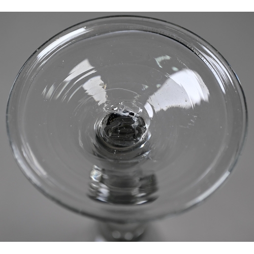 537 - A cordial glass with ogee bowl on double-knop baluster stem with conical folded foot, 13.4 cm to/w t... 