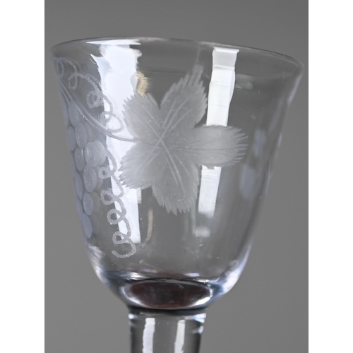 538 - A Georgian cordial glass with vine-etched ogee bowl on plain stem and conical folded foot, 14.3 cm h... 