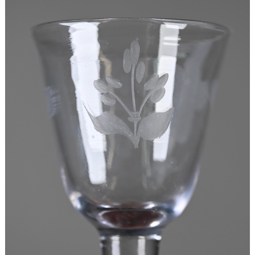 538 - A Georgian cordial glass with vine-etched ogee bowl on plain stem and conical folded foot, 14.3 cm h... 