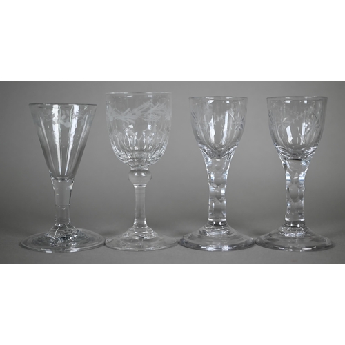 539 - A pair of German cordial glasses with cut and etched decoration, facetted stems and conical foot, 12... 