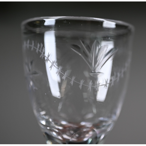 539 - A pair of German cordial glasses with cut and etched decoration, facetted stems and conical foot, 12... 