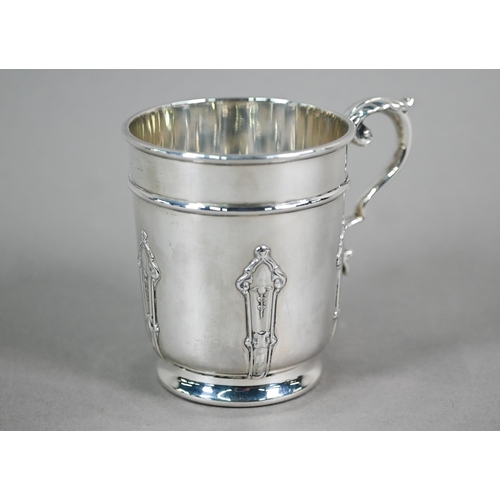 54 - A heavy quality silver Christening mug with strapwork decoration and scroll handle, Atkin Bros, Shef... 