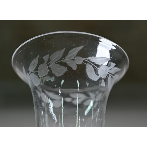 540 - A cordial glass with foliate-etched bell bowl and triple-knop opaque twist stem, 17.5 cm, to/w anoth... 