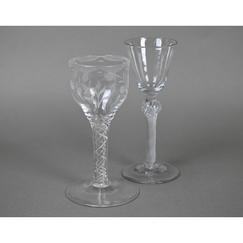 547 - A cordial glass with round funnel bowl on air twist baluster stem and conical foot, 16 cm, to/w a wi... 