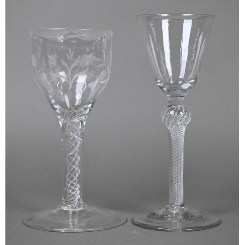 547 - A cordial glass with round funnel bowl on air twist baluster stem and conical foot, 16 cm, to/w a wi... 