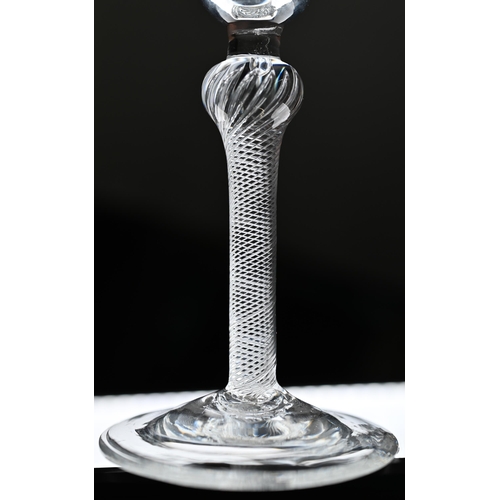 547 - A cordial glass with round funnel bowl on air twist baluster stem and conical foot, 16 cm, to/w a wi... 