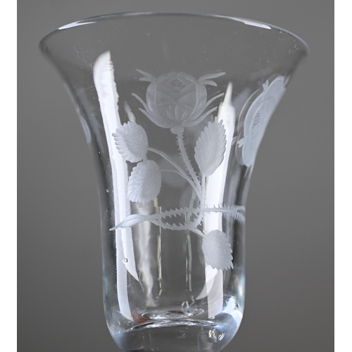 548 - A Jacobite-style drinking glass, the bell bowl etched with roses and butterfly, on air twist stem an... 