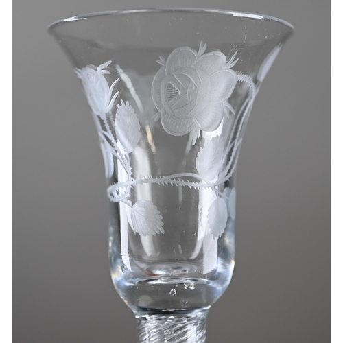 548 - A Jacobite-style drinking glass, the bell bowl etched with roses and butterfly, on air twist stem an... 