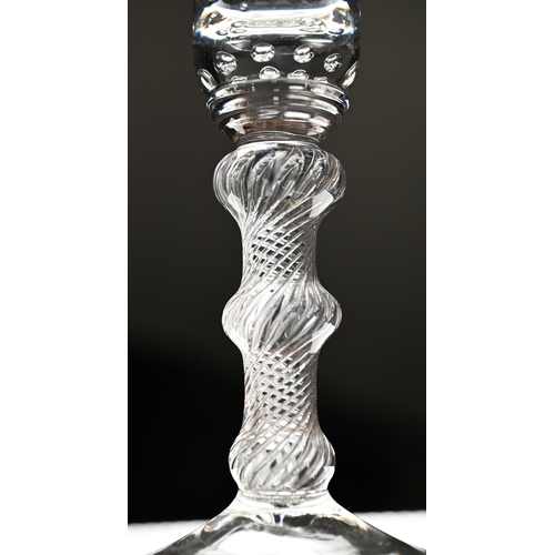 548 - A Jacobite-style drinking glass, the bell bowl etched with roses and butterfly, on air twist stem an... 