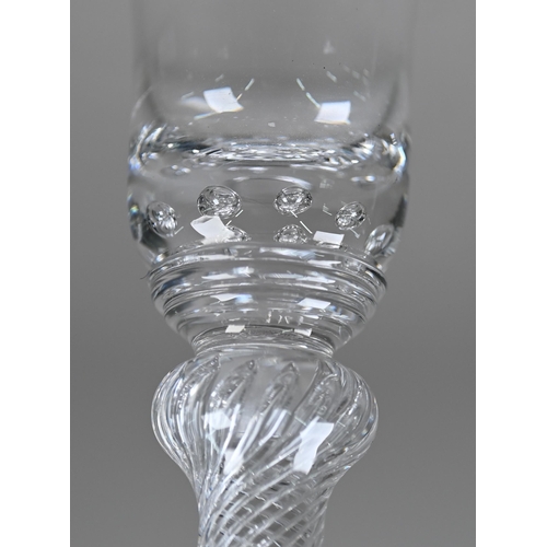 548 - A Jacobite-style drinking glass, the bell bowl etched with roses and butterfly, on air twist stem an... 