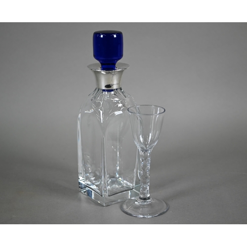 549 - An Atlantis (Portugal) cut glass square decanter with blue glass stopper and silver collar, Broadway... 