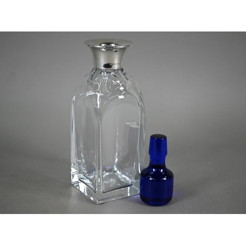 549 - An Atlantis (Portugal) cut glass square decanter with blue glass stopper and silver collar, Broadway... 