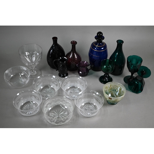 557 - Various Georgian and later coloured glass, including an amethyst flask, writhen bottle and two cream... 