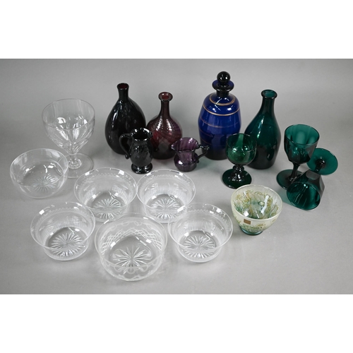 557 - Various Georgian and later coloured glass, including an amethyst flask, writhen bottle and two cream... 