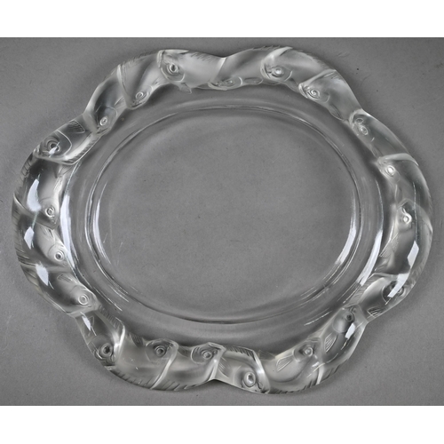 560 - A Lalique glass Piriac lobed dish, the frosted rim moulded with fish, etched print mark, 27.5 x 23 c... 