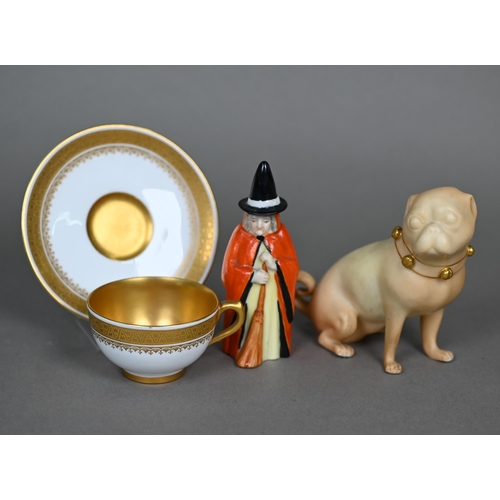 563 - Royal Worcester: a blush ground pug with gilt collar, incised 'HS 1913', 1912, 9 cm, to/w a candle-s... 