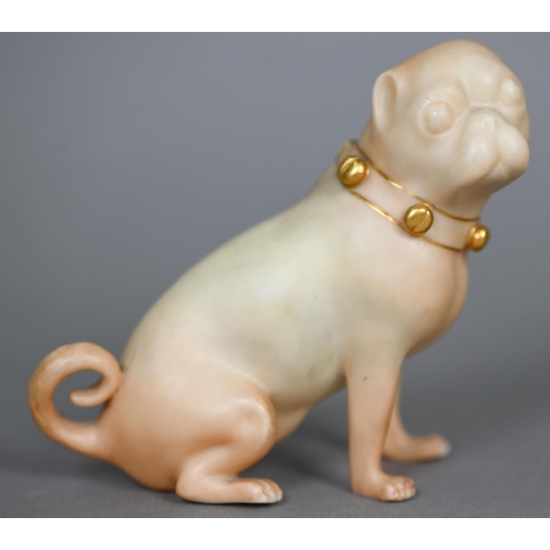 563 - Royal Worcester: a blush ground pug with gilt collar, incised 'HS 1913', 1912, 9 cm, to/w a candle-s... 