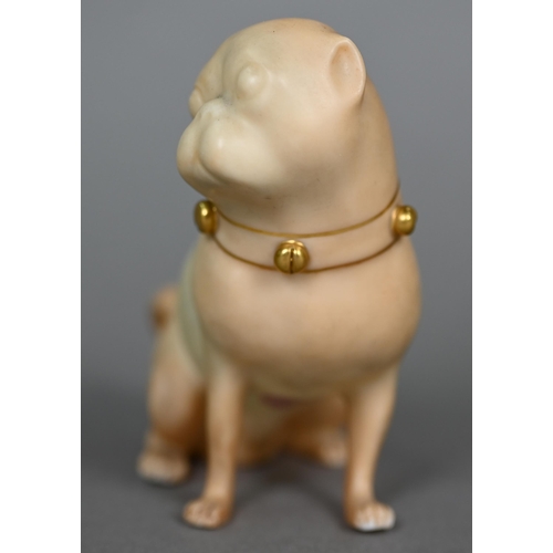 563 - Royal Worcester: a blush ground pug with gilt collar, incised 'HS 1913', 1912, 9 cm, to/w a candle-s... 