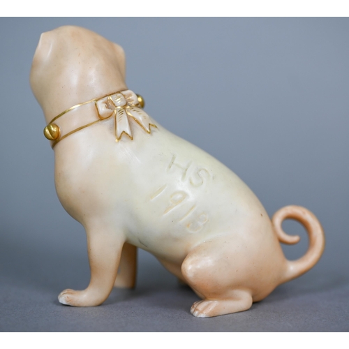 563 - Royal Worcester: a blush ground pug with gilt collar, incised 'HS 1913', 1912, 9 cm, to/w a candle-s... 