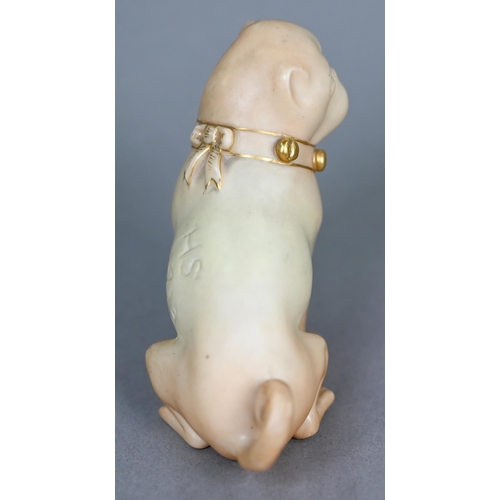 563 - Royal Worcester: a blush ground pug with gilt collar, incised 'HS 1913', 1912, 9 cm, to/w a candle-s... 