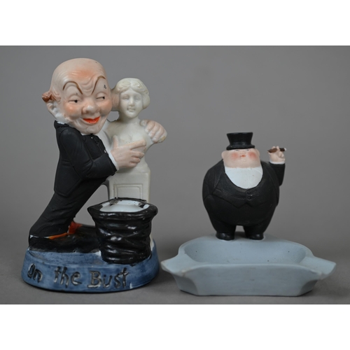 567 - Two Schafer & Vater (Germany) novelty bisque figural match-pots - striding man with ball and boy... 