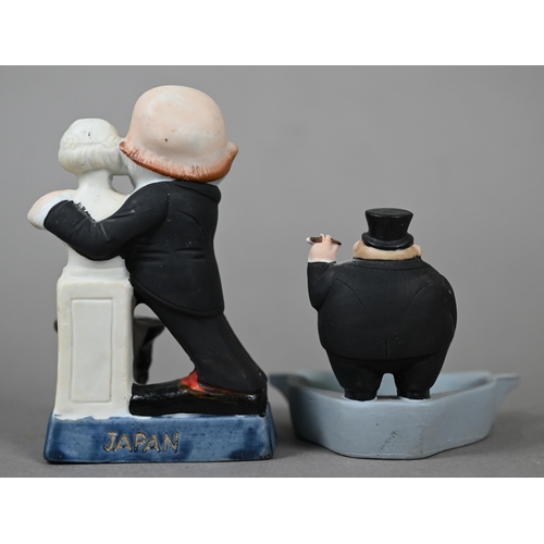 567 - Two Schafer & Vater (Germany) novelty bisque figural match-pots - striding man with ball and boy... 