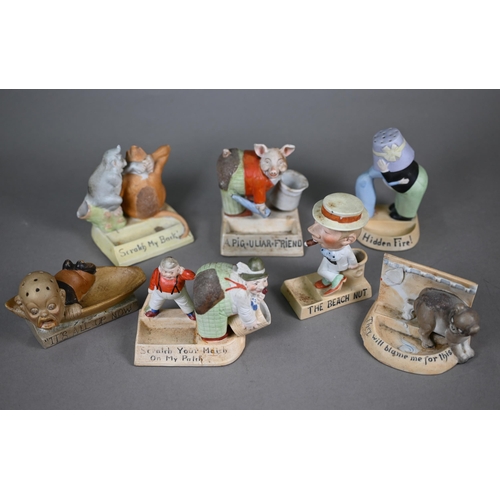 568 - Seven Schafer & Vater (Germany) novelty bisque match-pots/ashtrays - 'A Pig=Uliar= Friend', 'Scr... 