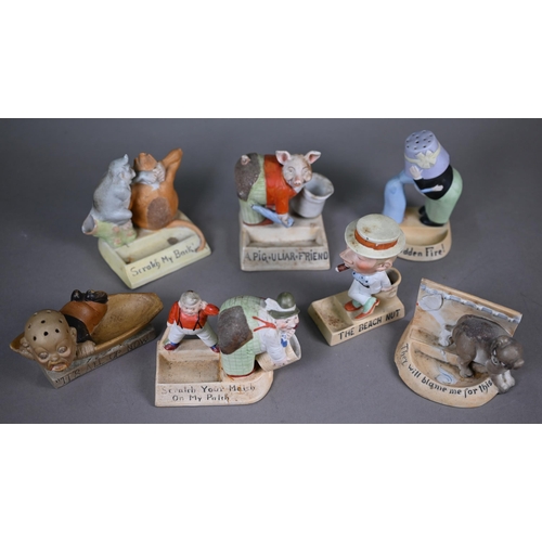 568 - Seven Schafer & Vater (Germany) novelty bisque match-pots/ashtrays - 'A Pig=Uliar= Friend', 'Scr... 