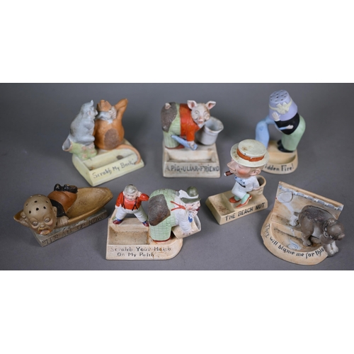 568 - Seven Schafer & Vater (Germany) novelty bisque match-pots/ashtrays - 'A Pig=Uliar= Friend', 'Scr... 