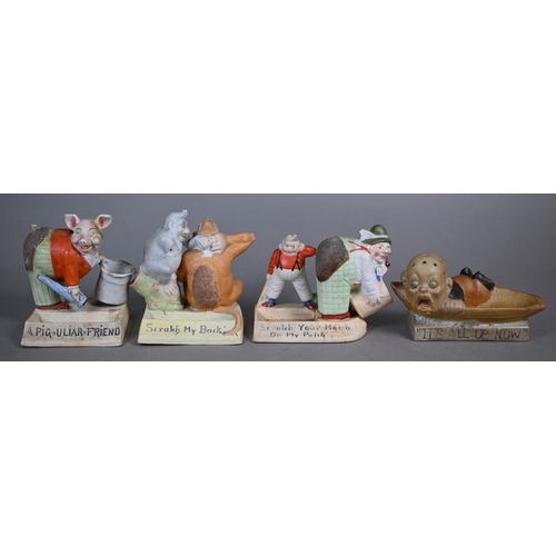 568 - Seven Schafer & Vater (Germany) novelty bisque match-pots/ashtrays - 'A Pig=Uliar= Friend', 'Scr... 