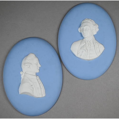 578 - A pair of Wedgwood pale blue Jasper portrait plaques of 18th century gentlemen, 13 x 10 cm, produced... 