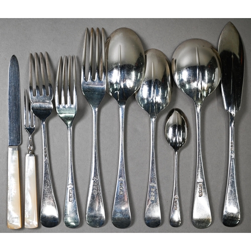 58 - An oak canteen fitted with a set of silver Hanoverian rat-tail flatware and cutlery, comprising six ... 