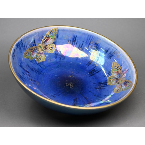 580 - Walter Slater for Shelley: a 'Butterfly Lustre' bowl with gilt and blue-streaked decoration, 25 cm d... 