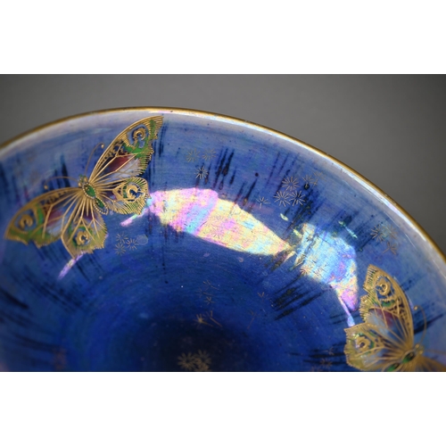 580 - Walter Slater for Shelley: a 'Butterfly Lustre' bowl with gilt and blue-streaked decoration, 25 cm d... 