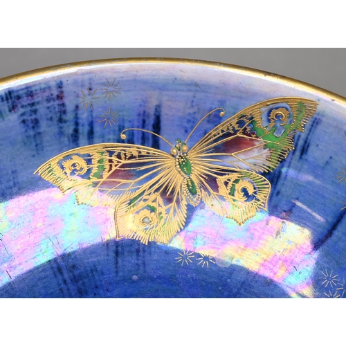 580 - Walter Slater for Shelley: a 'Butterfly Lustre' bowl with gilt and blue-streaked decoration, 25 cm d... 