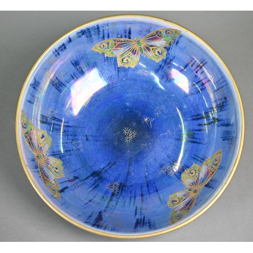 580 - Walter Slater for Shelley: a 'Butterfly Lustre' bowl with gilt and blue-streaked decoration, 25 cm d... 