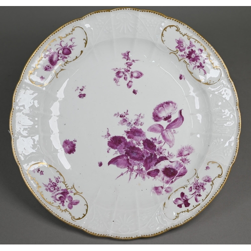 581 - A 19th century Meissen circular dish finely painted with puce floral sprays within bianco sopra bian... 