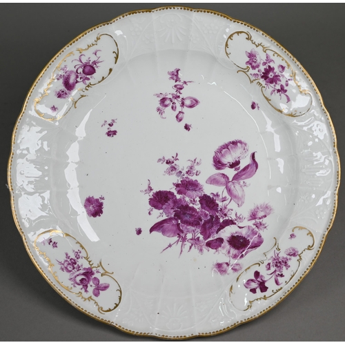 581 - A 19th century Meissen circular dish finely painted with puce floral sprays within bianco sopra bian... 