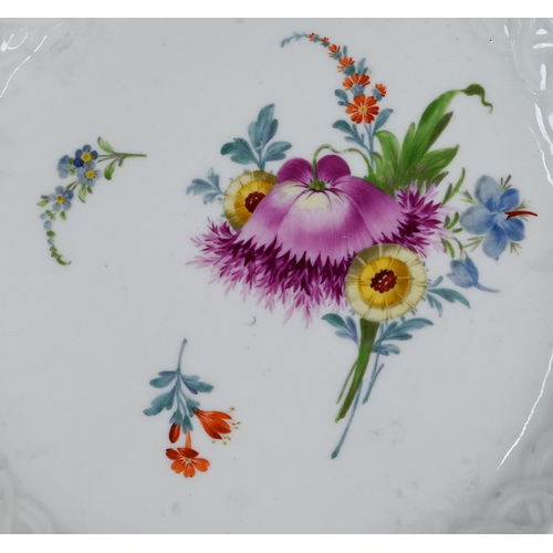 583 - Five Meissen cabinet plates, painted with floral sprays, within basket-weave lattice rims with gildi... 