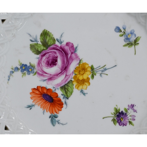 583 - Five Meissen cabinet plates, painted with floral sprays, within basket-weave lattice rims with gildi... 