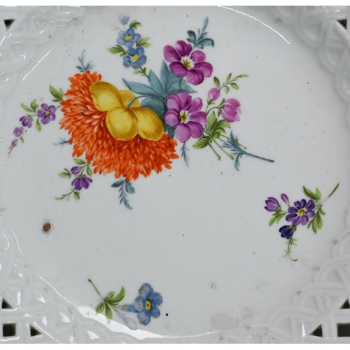 583 - Five Meissen cabinet plates, painted with floral sprays, within basket-weave lattice rims with gildi... 