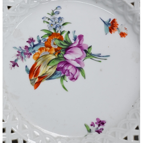 583 - Five Meissen cabinet plates, painted with floral sprays, within basket-weave lattice rims with gildi... 