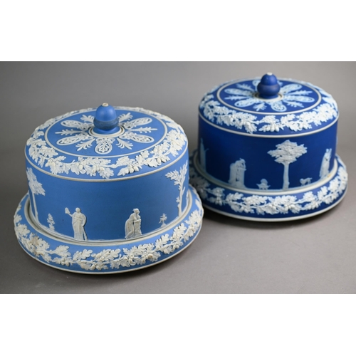 589 - Two 19th century Jasper slip cheese dishes and covers applied with classical cameos - one dark blue,... 