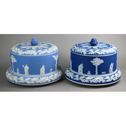 589 - Two 19th century Jasper slip cheese dishes and covers applied with classical cameos - one dark blue,... 